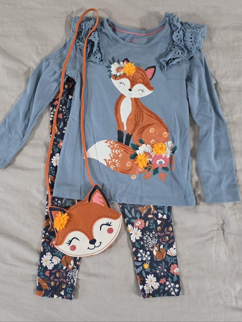Issac Mizarhi New York Girls Fox Top & Floral Leggings Set with Purse size XS 4